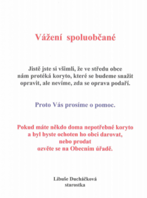 Žádost paní starostky o podporu s obnovou &quot;koryta&quot; ve středu obce