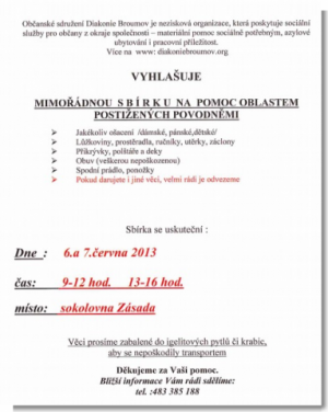 Diakonie Broumov vyhlašuje mimořádnou sbírku na pomoc oblastem postižených povodněmi