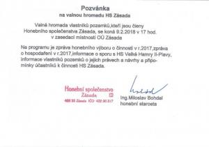 Pozvánka na valnou hromadu Honebního společenstva Zásada